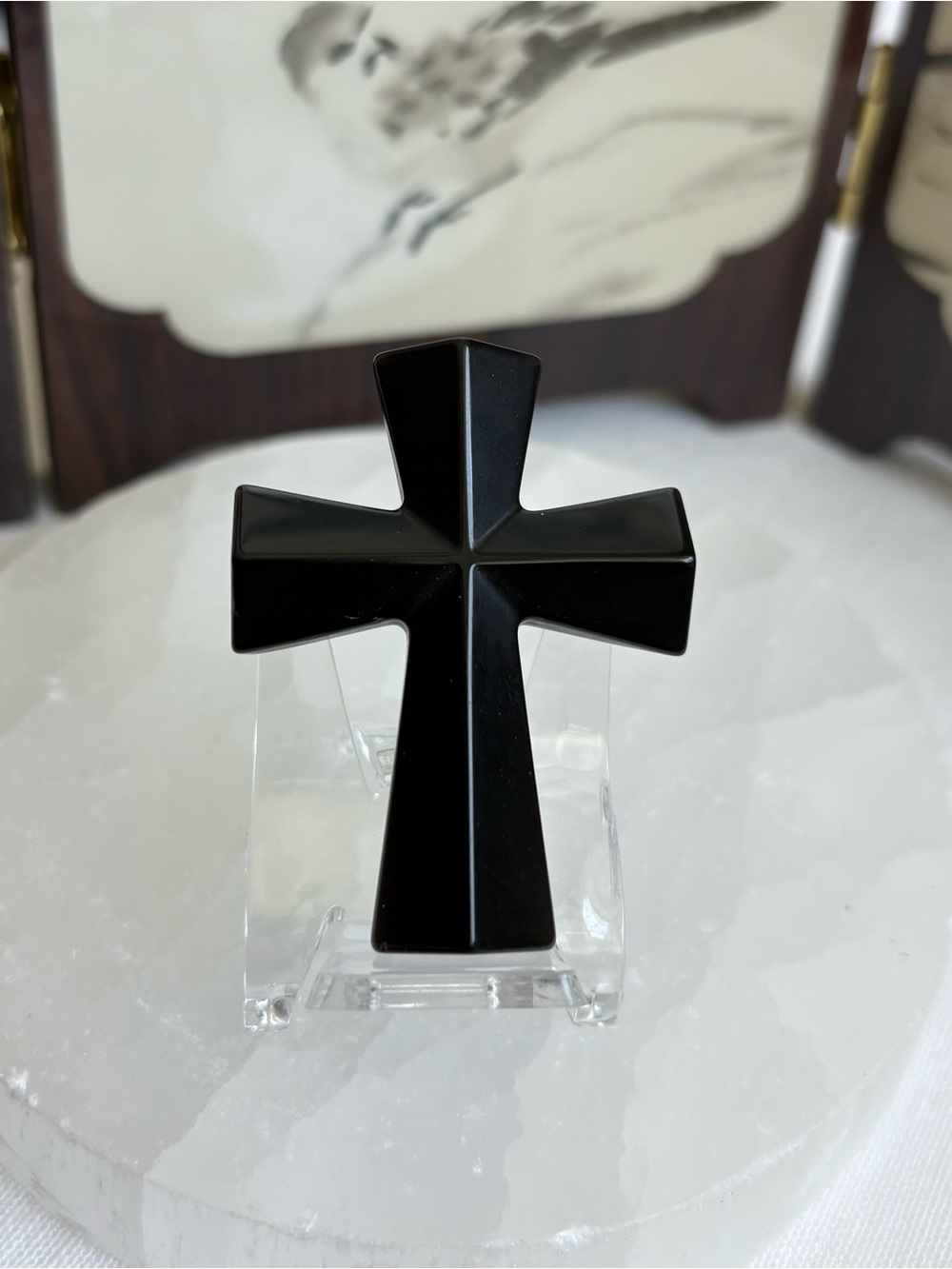 Black obsidian crystal cross carving